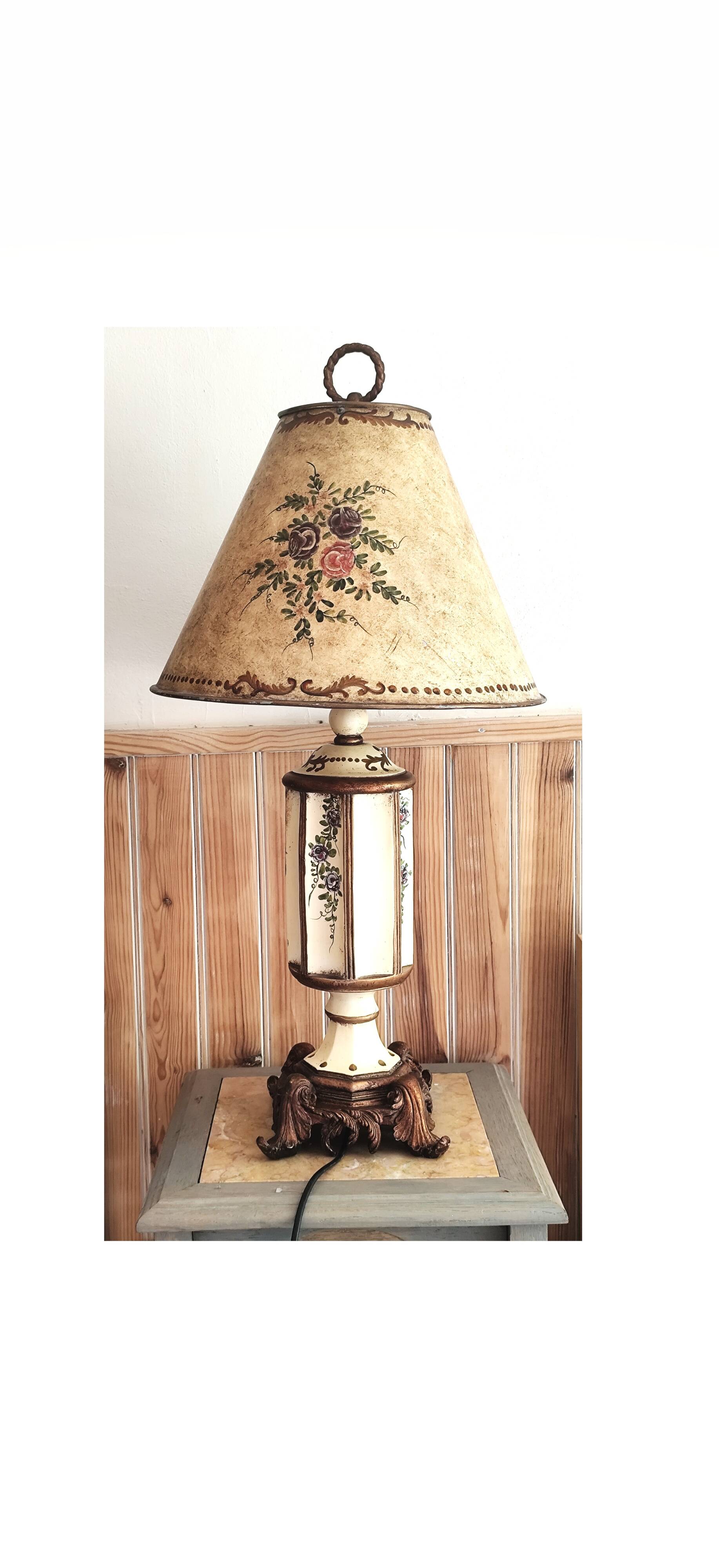 Large pagoda lamp painted with floral patterns and metal shade.