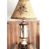 Large pagoda lamp painted with floral patterns and metal shade.