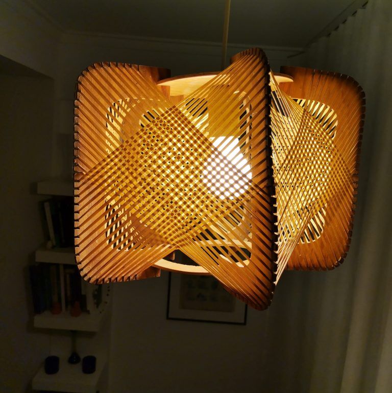 Vintage 60s wooden wood straw hanging lamp