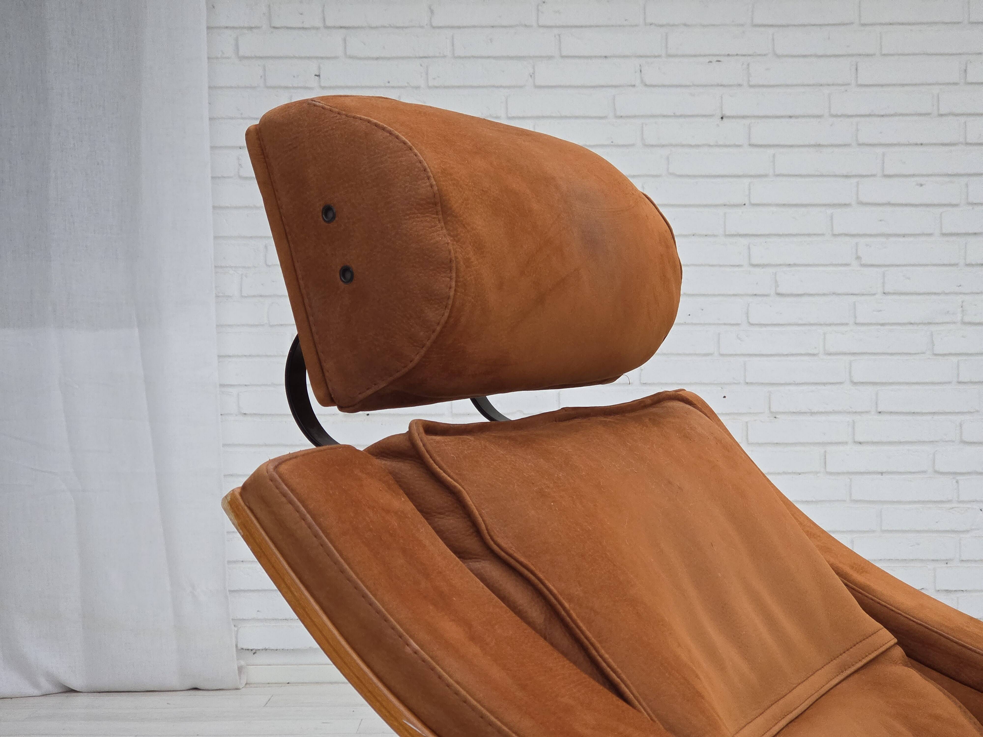 1980s, Swedish swivel armchair, nubuck leather, canvas, bent beech wood.