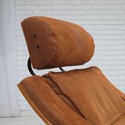 1980s, Swedish swivel armchair, nubuck leather, canvas, bent beech wood.
