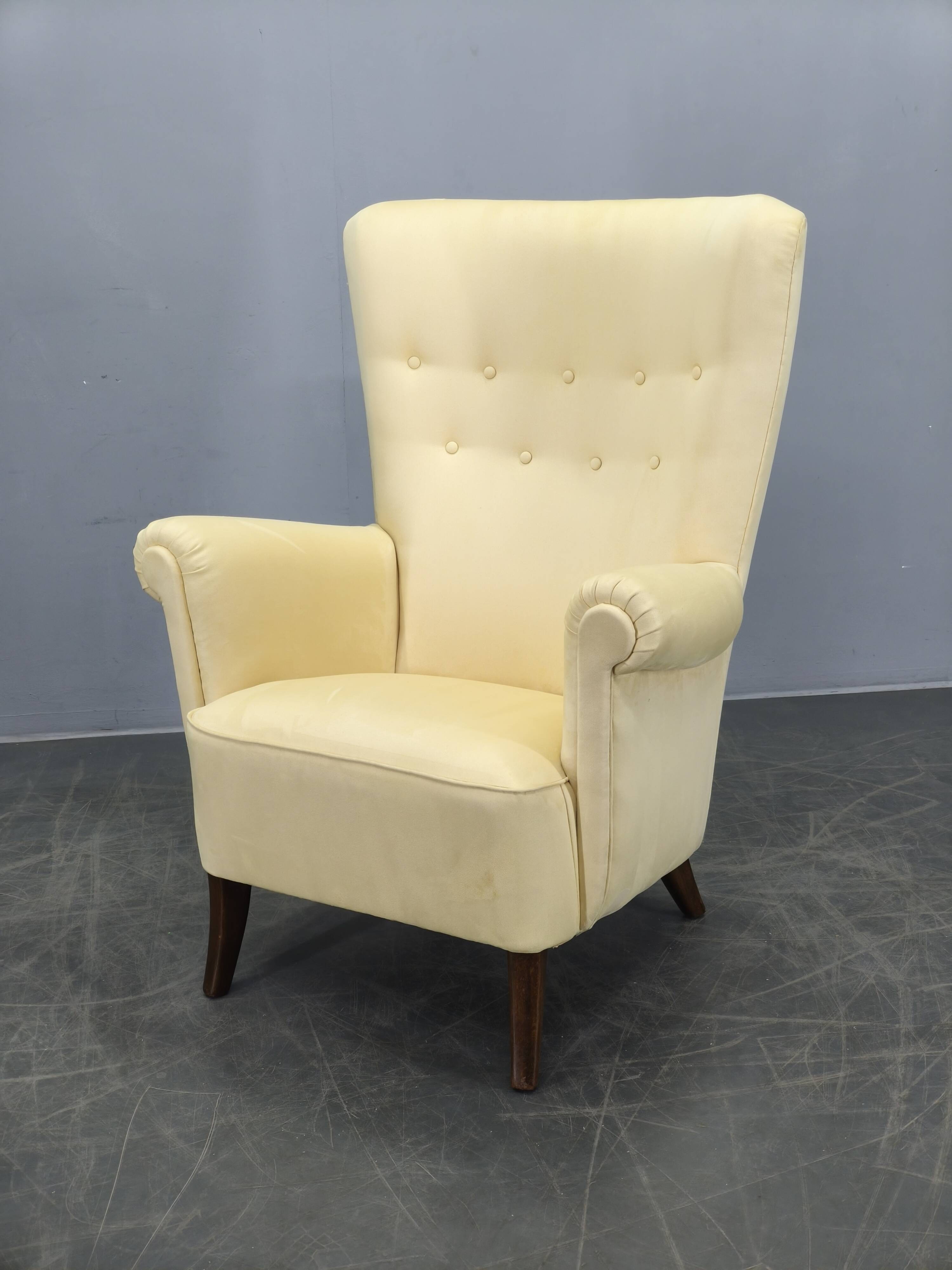 1950s Danish High Back Wing Lounge Chair Newly Reupholstered