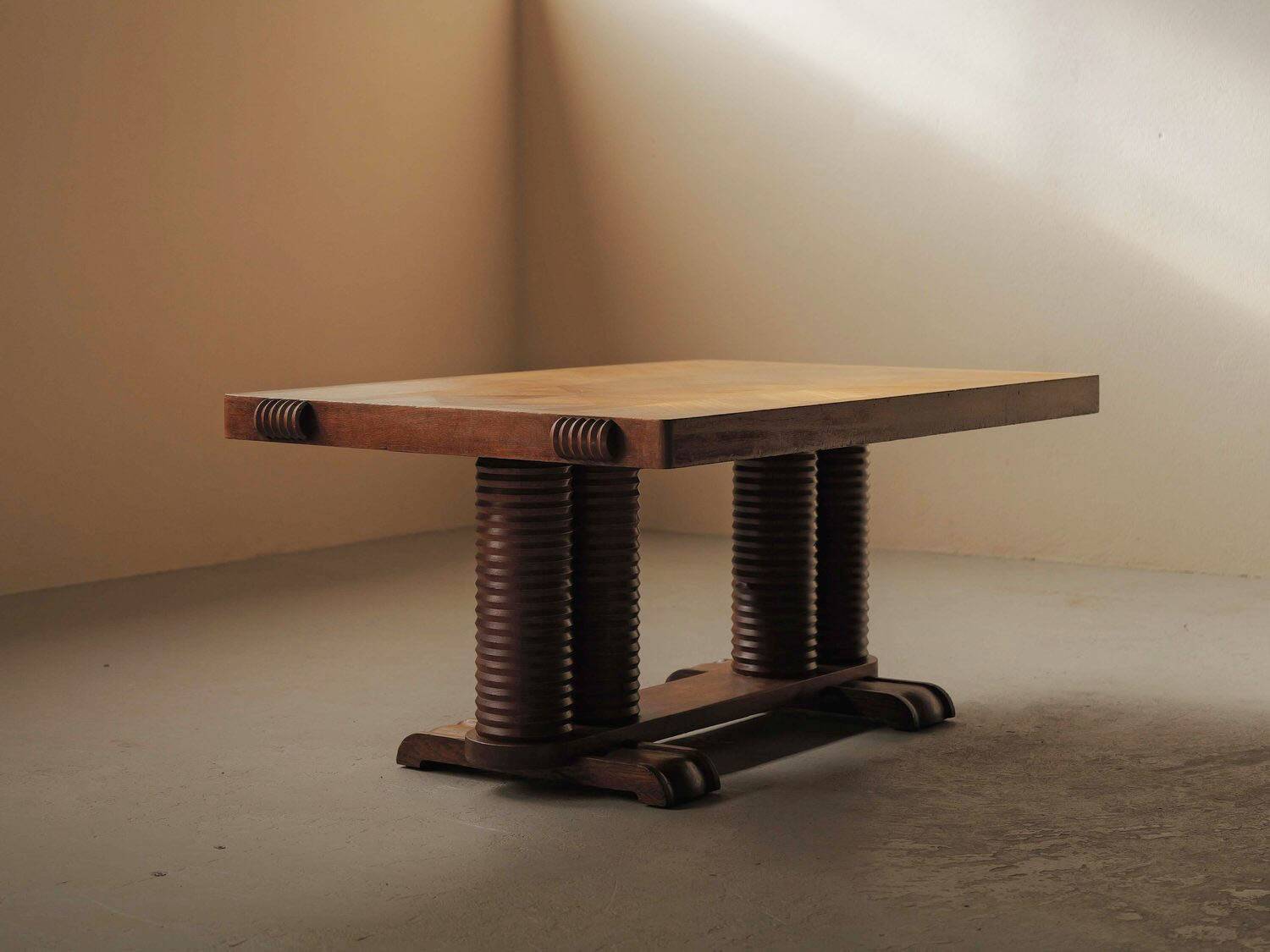 Solid oak table with marquetry, France, circa 1940.
