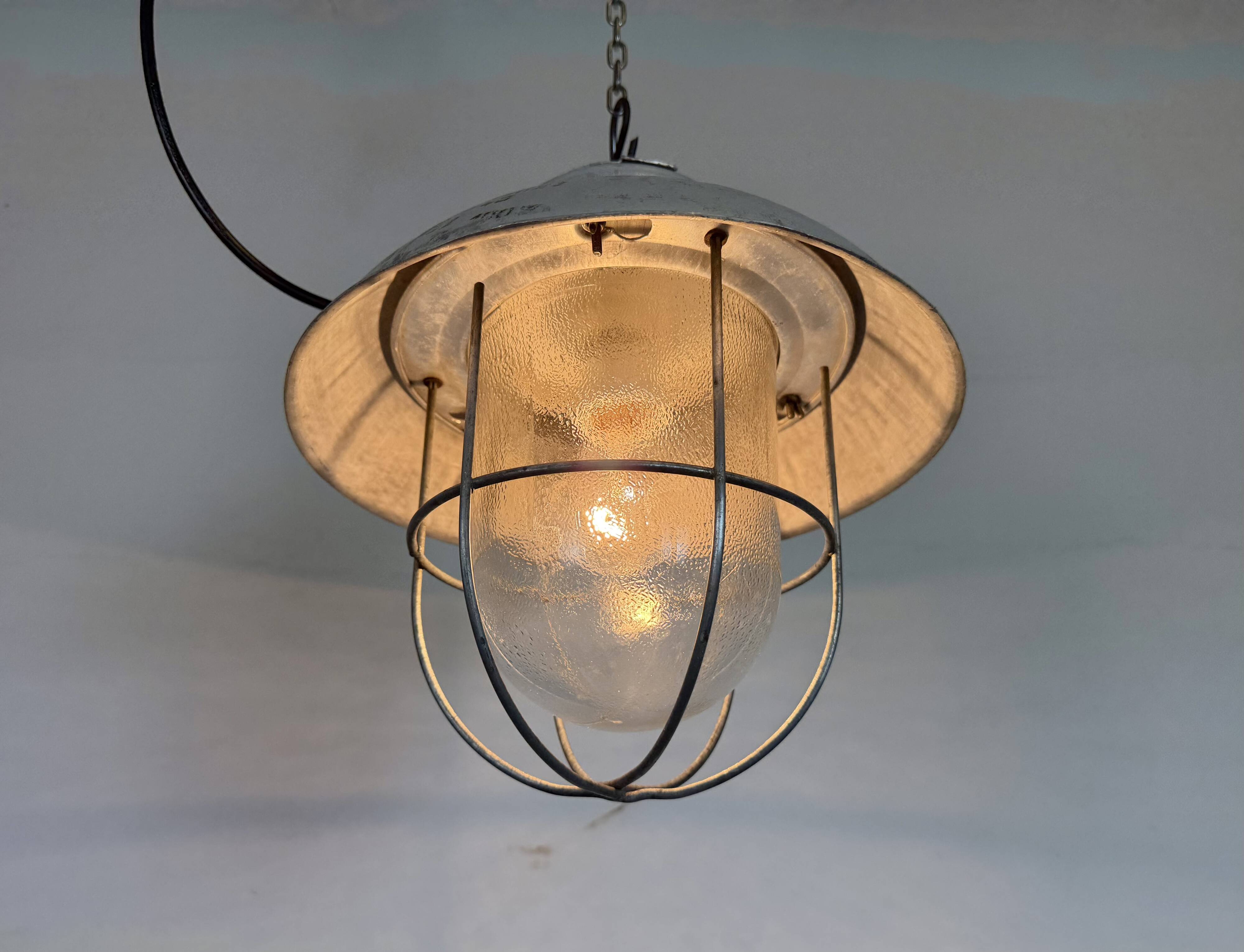Grey Industrial Aluminium Cage Pendant Lamp with Frosted Glass, 1970s