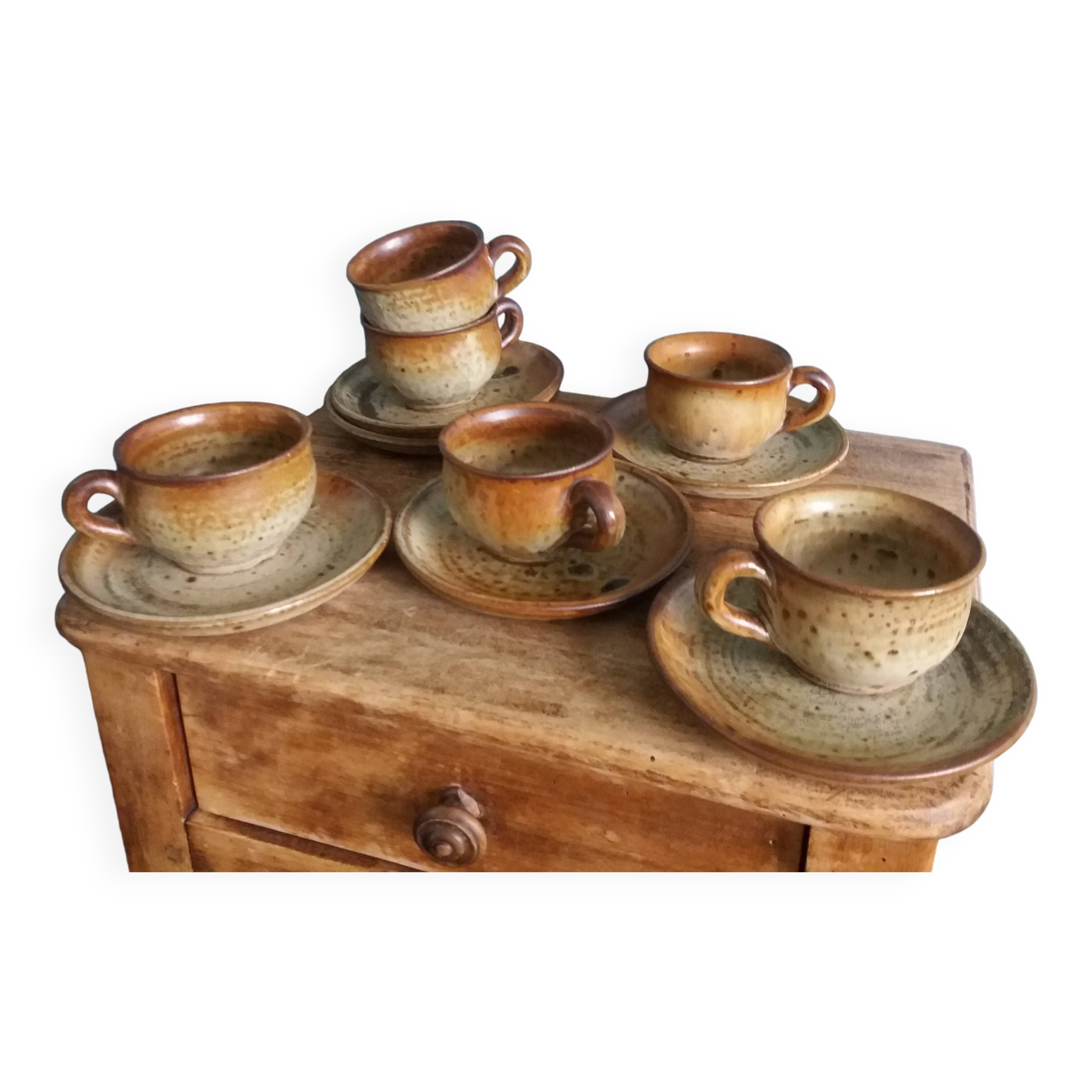 Coffee service with cups and saucers in Puisaye stoneware by Jean-Pierre Prud'homme