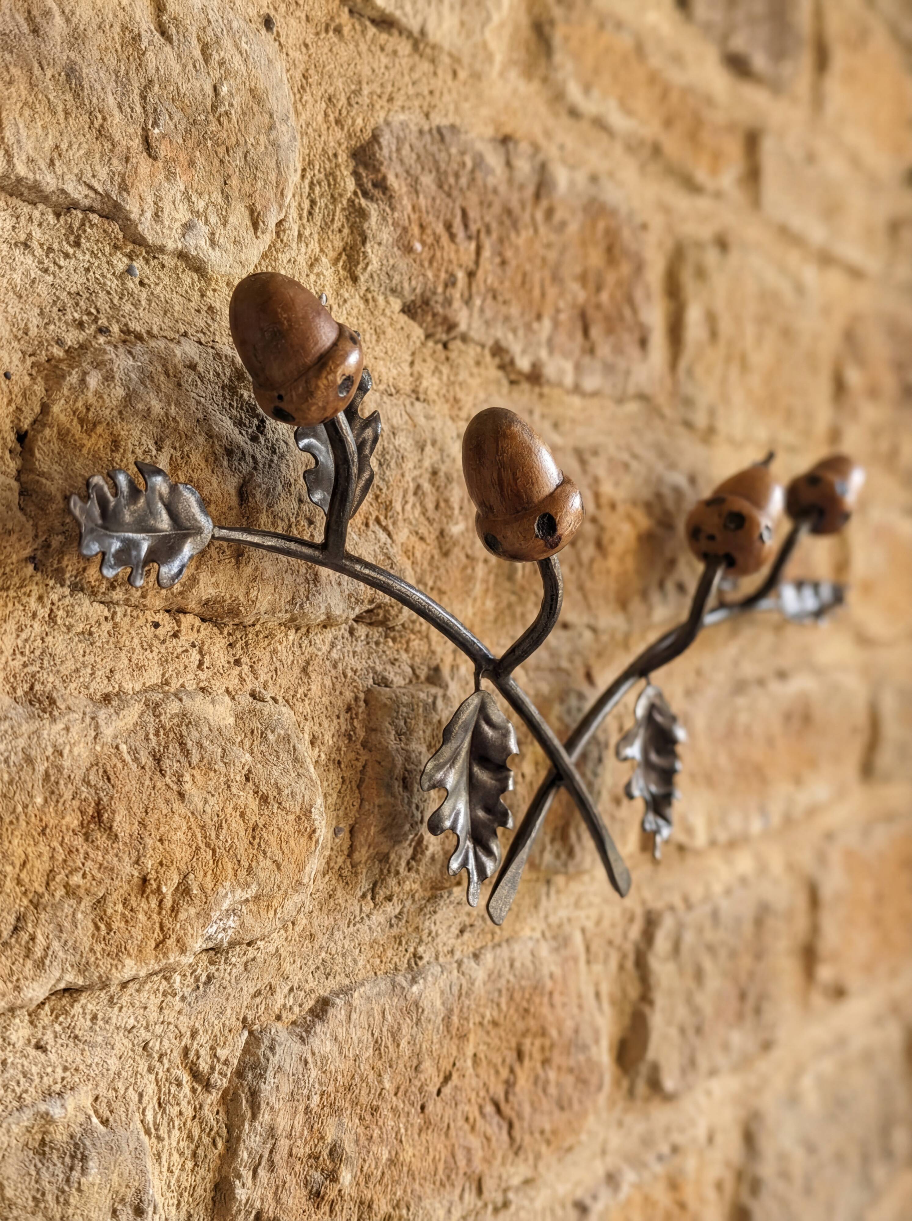 Signed Hand-Forged Iron & Wood Acorn Coat Rack, 1960s