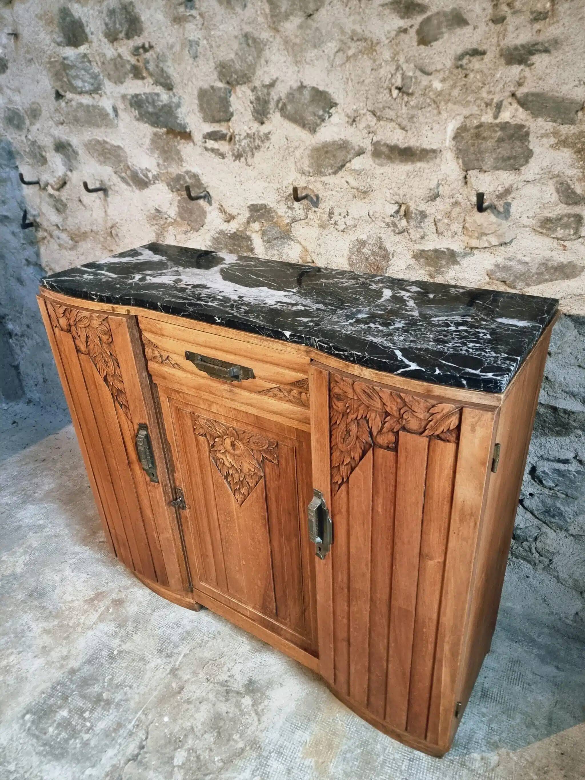 French Art Deco walnut sideboard with marble top, 1920s