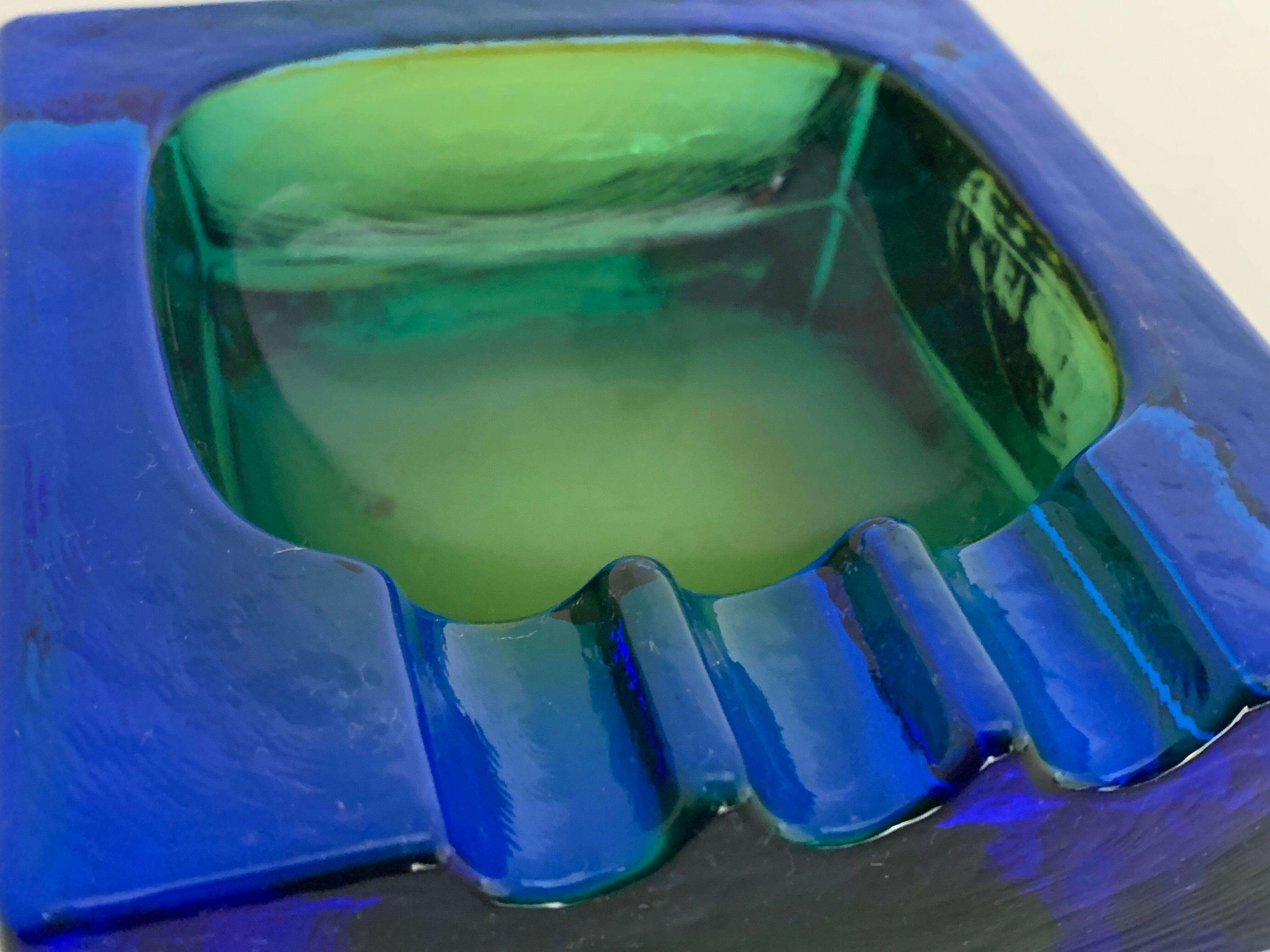 Square blue glass ashtray