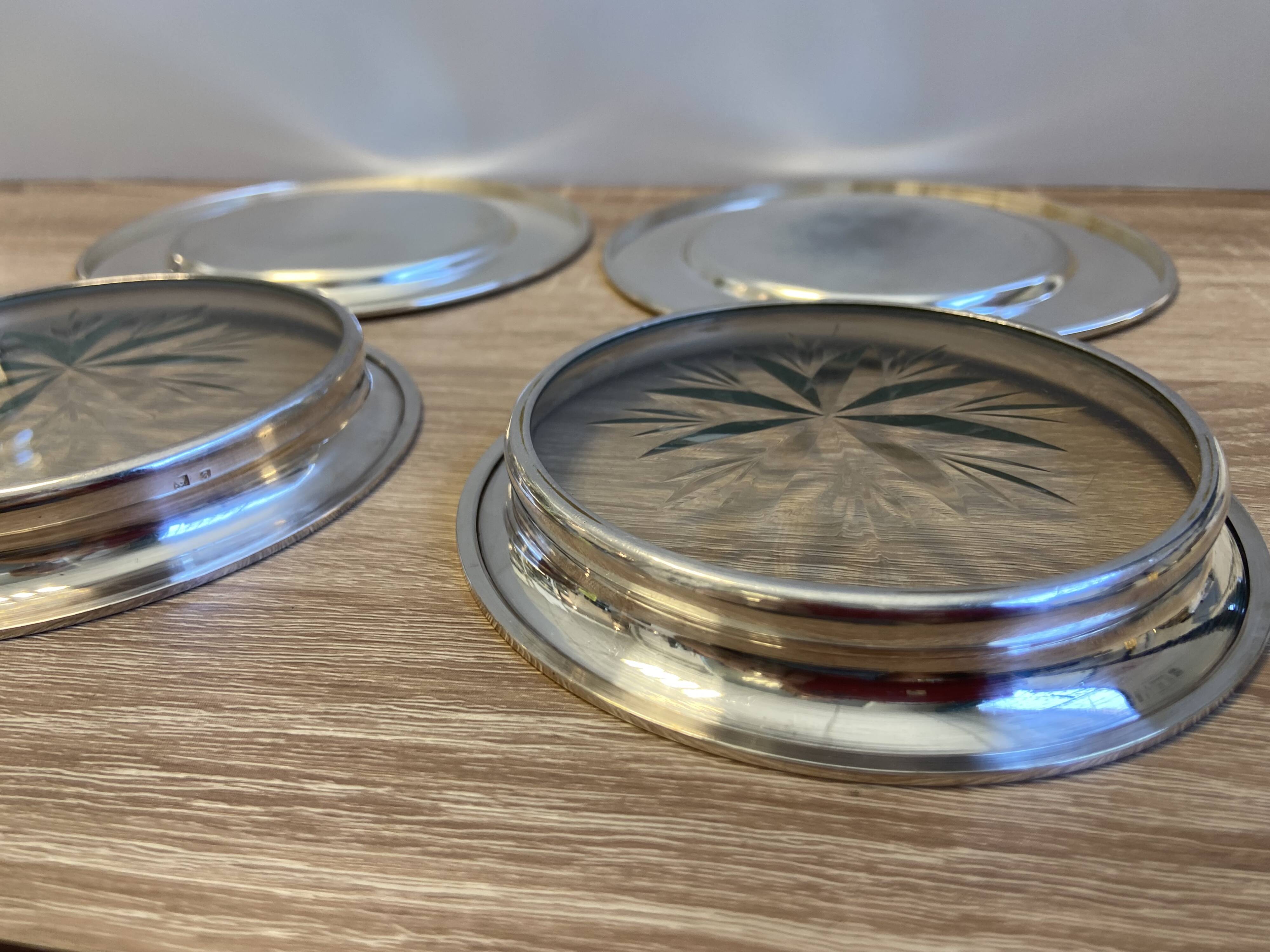 Lot Pair of Silver Metal Bottle & Glass Coasters with Hallmarks