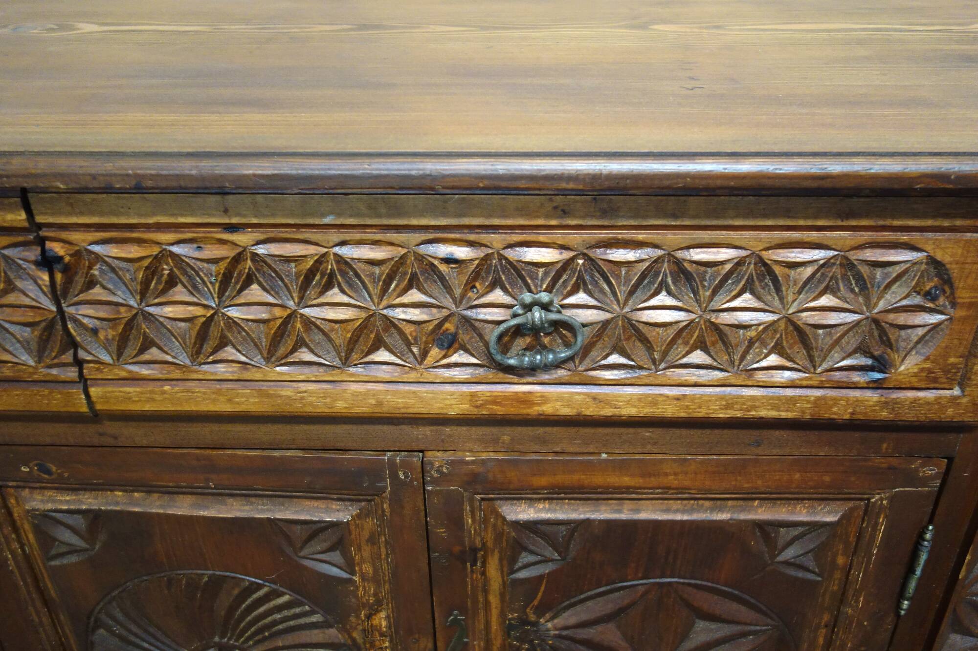Carved pine sideboard, mountain folk art, 1950s
