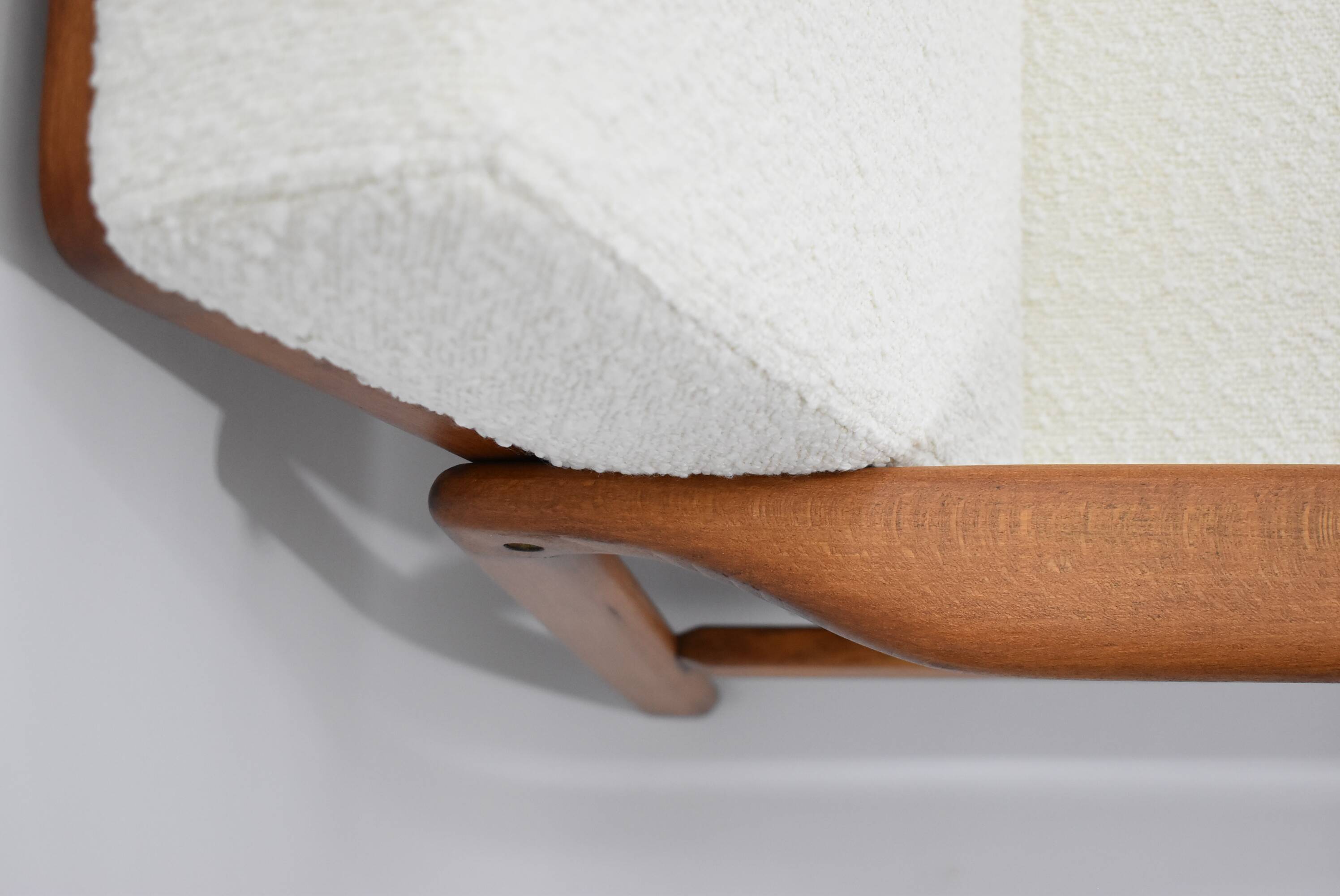 Scandinavian two-seater Sofa, 60's style, teak & white bouclé