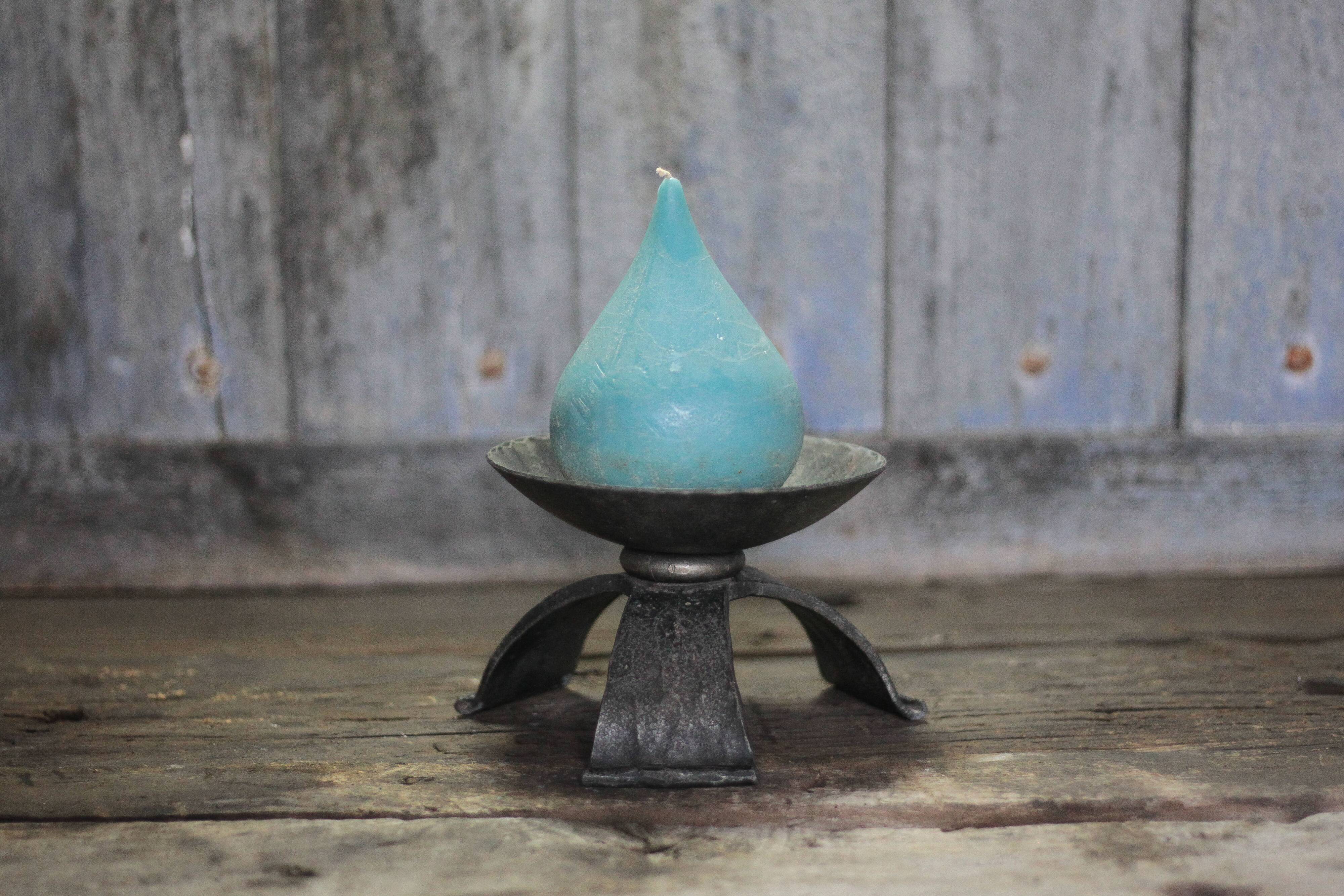 Large hammered wrought iron candlestick tripod, modernist candle holder.
