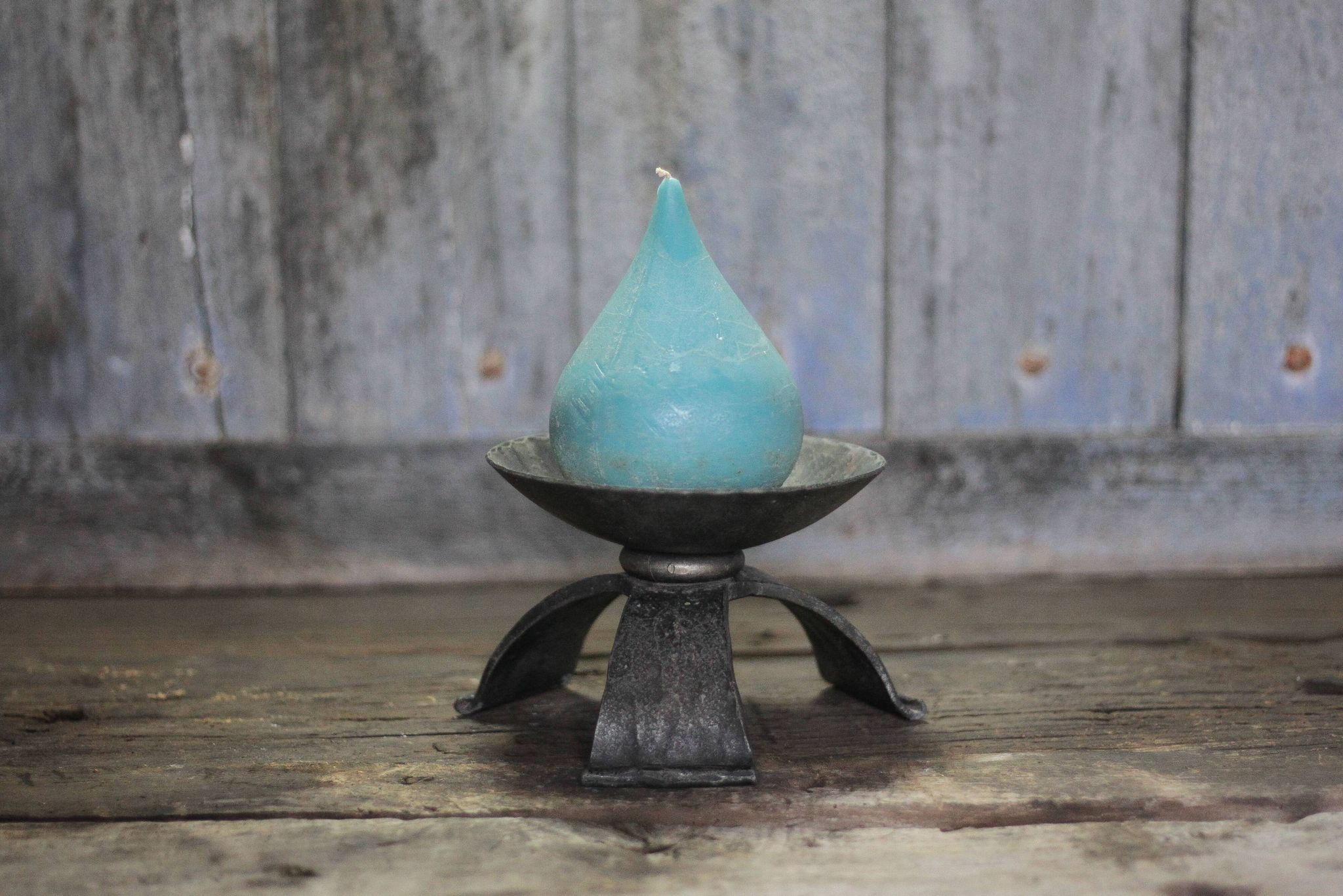 Large hammered wrought iron candlestick tripod, modernist candle holder.