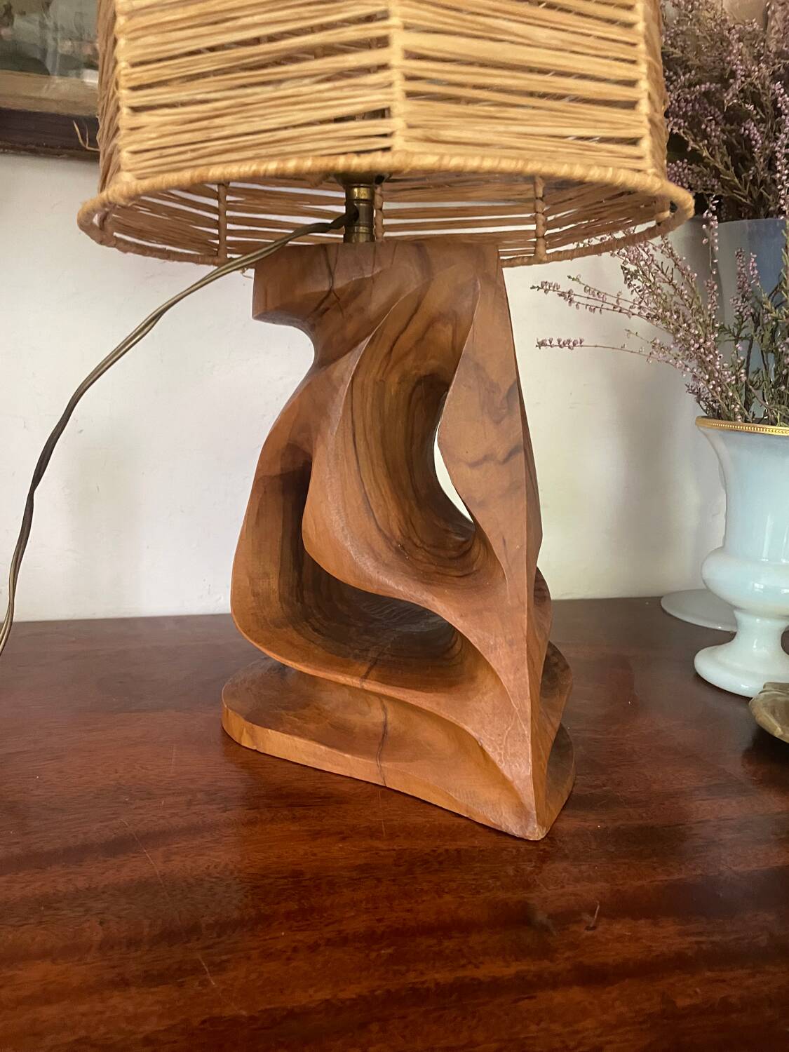 Vintage olive wood carved lamp 59cm