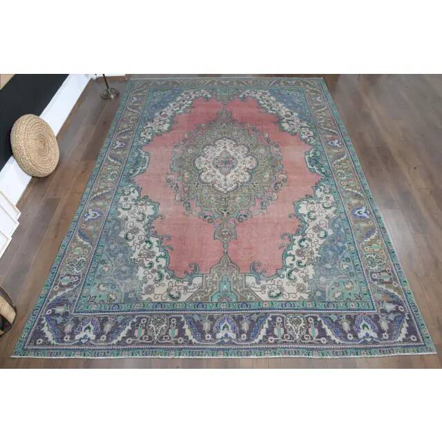 1970s Vintage Persian Handmade Wool Cotton Pink Area Rug 282x385