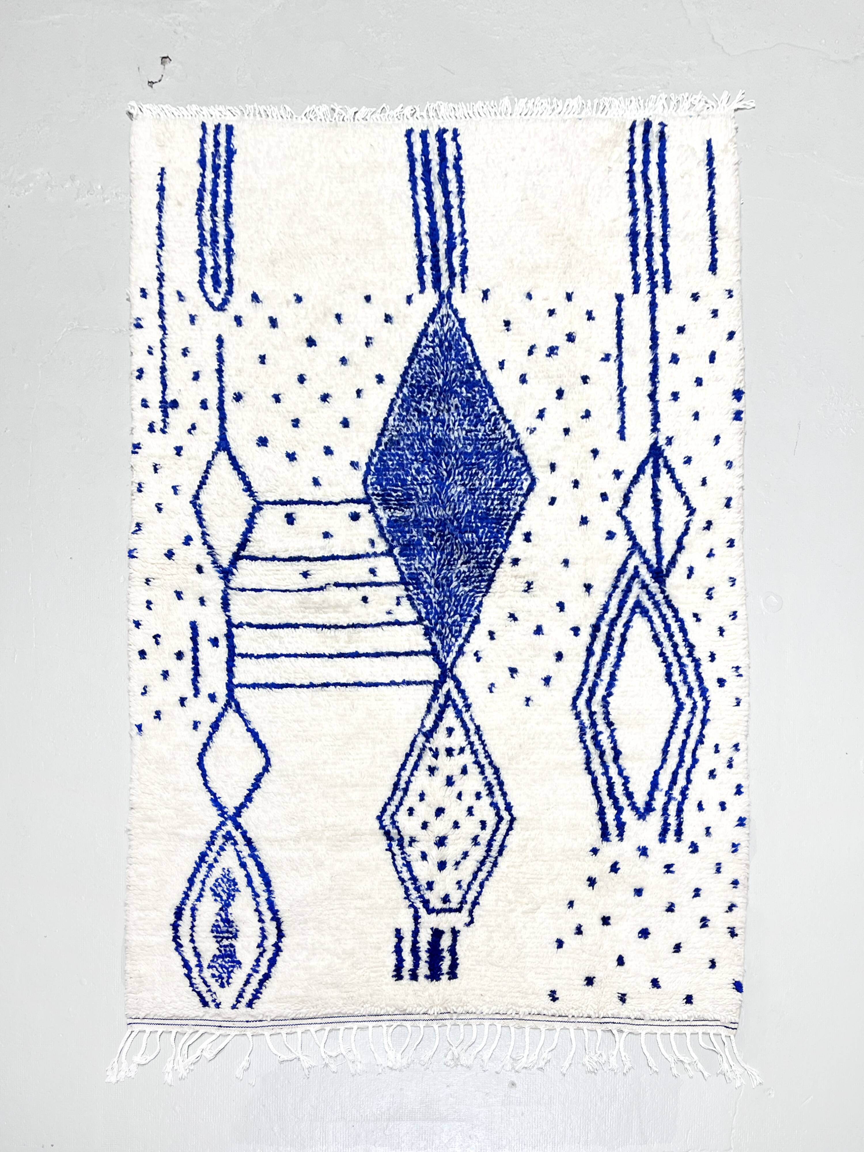 Azilal Moroccan Berber rug with Majorelle blue patterns, 2.42 x 1.50 m