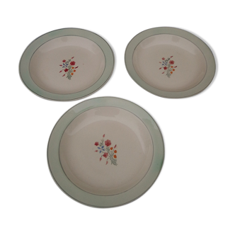 3 assiettes creuses en faïence HBCM Creil et Montereau modèle Marlaine diam 22 cm