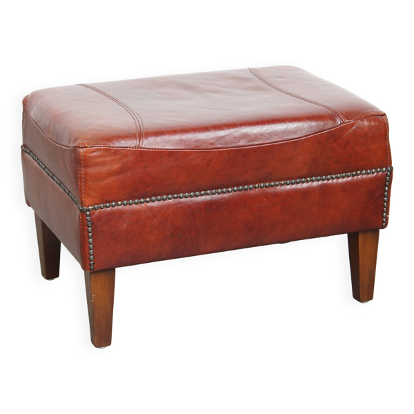 Pouf couleur cognac en cuir de vachette