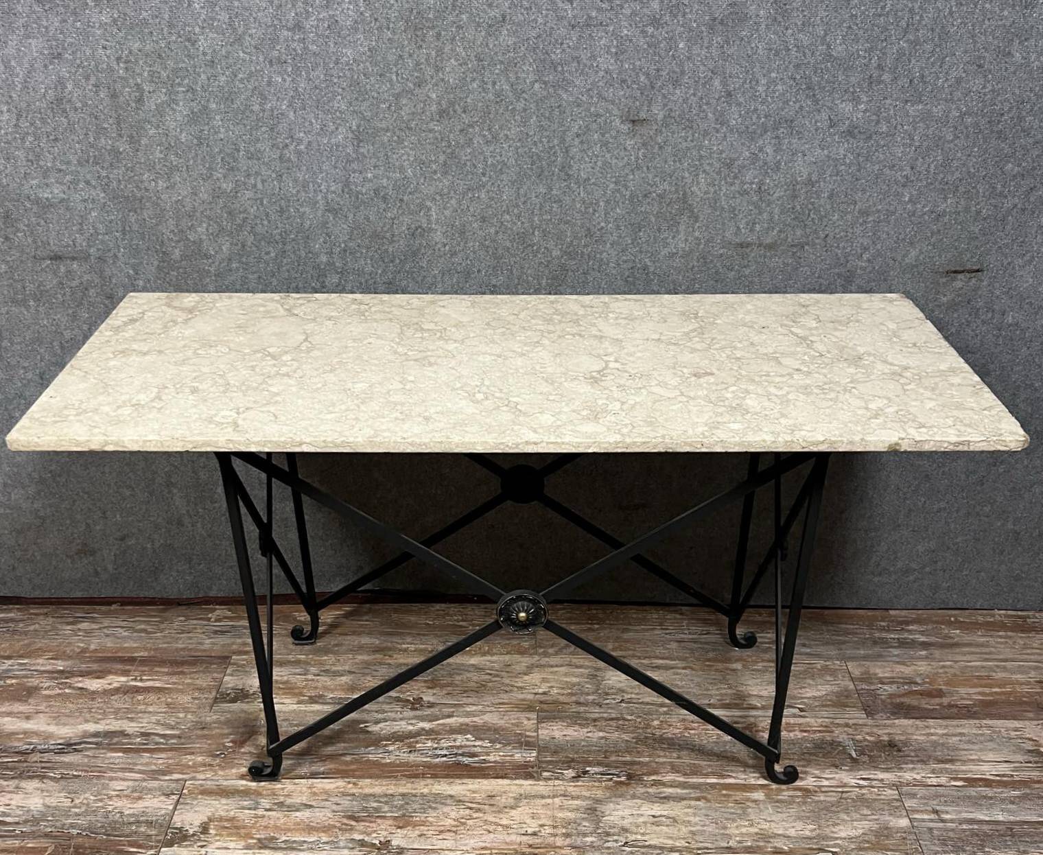 Superb Art Deco period console in iron and Carrara marble circa 1930