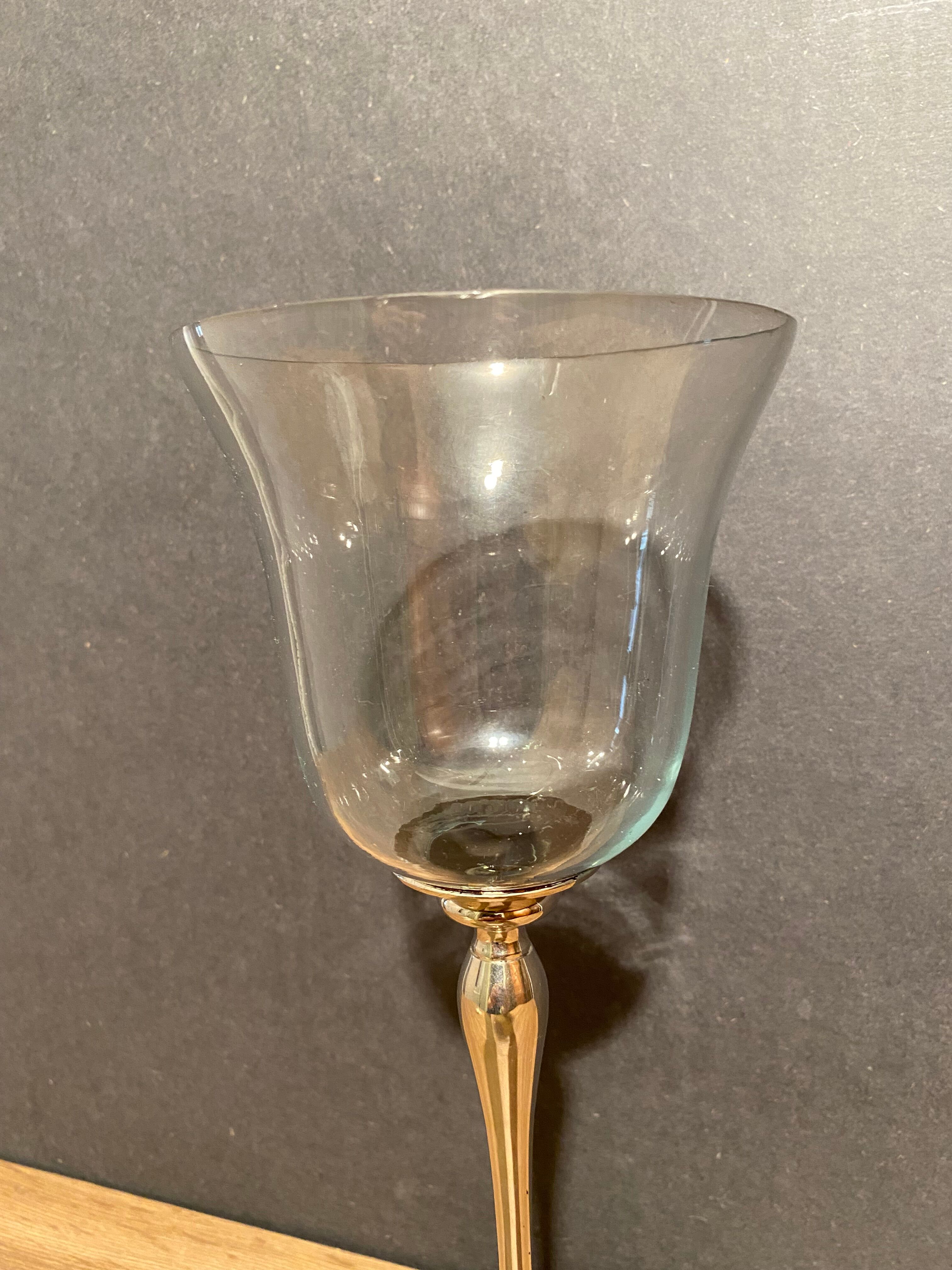 Glass photophore on high metal stand with silver patina