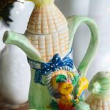 Vintage ceramic condiment set, barbotine: Salt, pepper, sugar, oil and vinegar