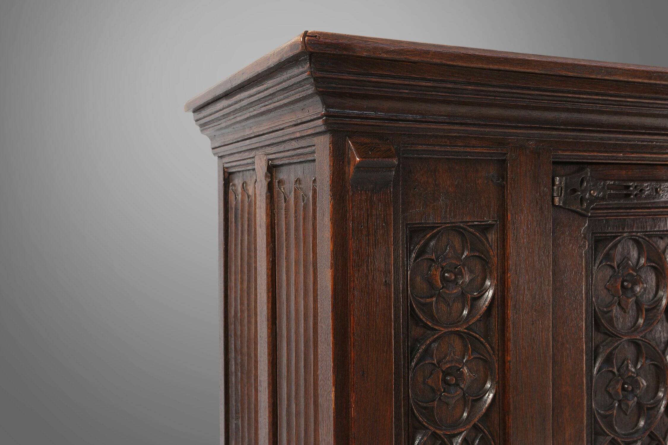 Neo-Gothic Cabinet in Oak with Rich Decorations and Hidden Storage, France