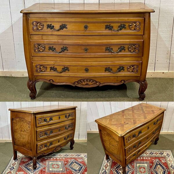 Commode de style Louis XV des années 1950 en merisier et loupe d'orme