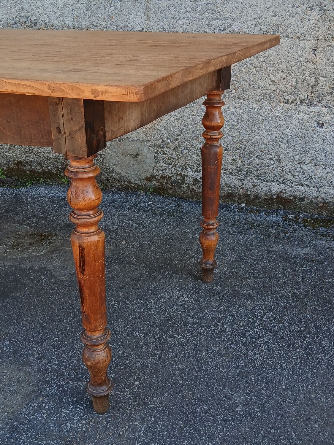 Farm table, turned wooden legs