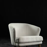 Low Mid-Century Scandinavian Modern Oak & Fabric Armchair with Rounded Backrest, 1960s