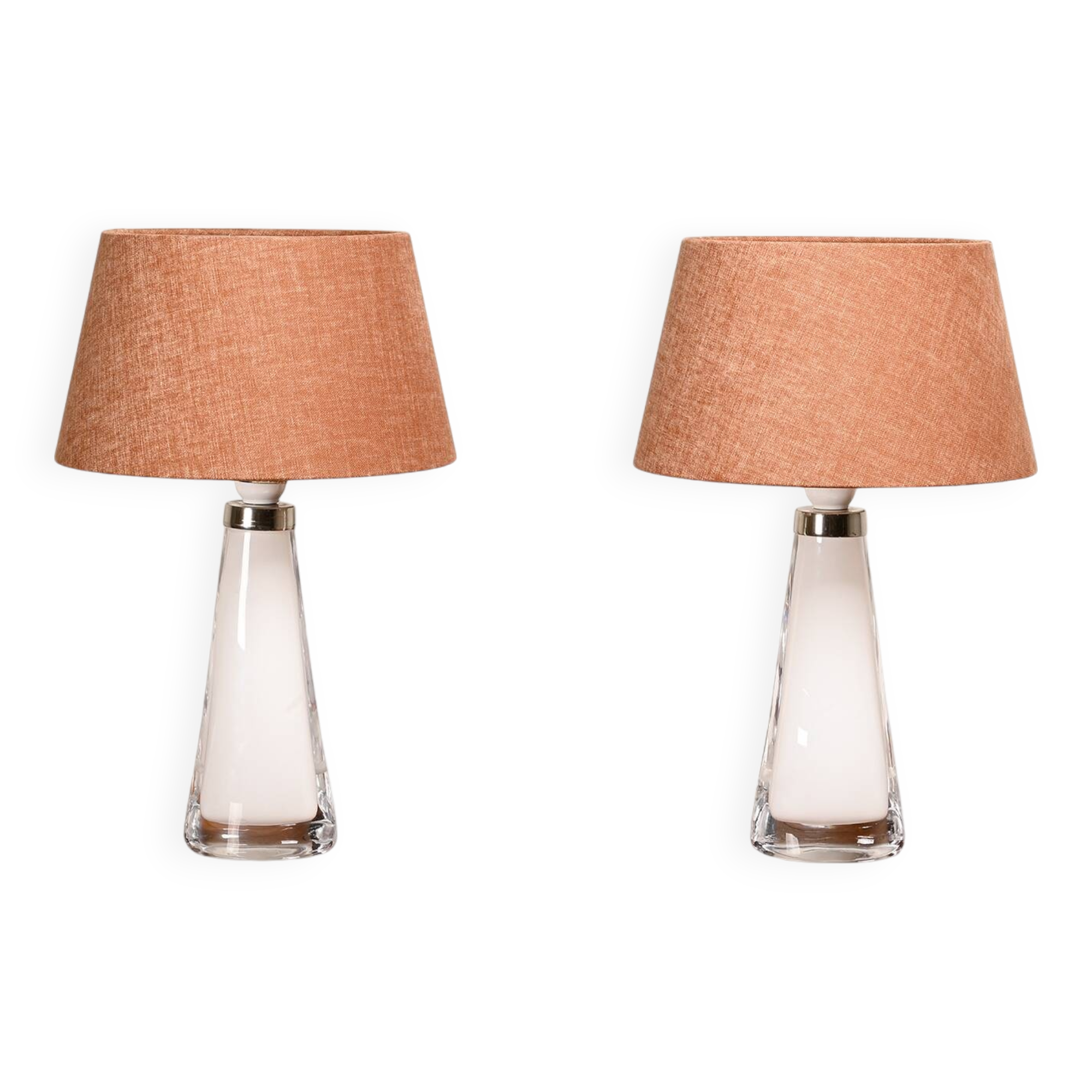 Carl Fagerlund white glass table lamps and dark ochre shades for Orrefors Sweden
