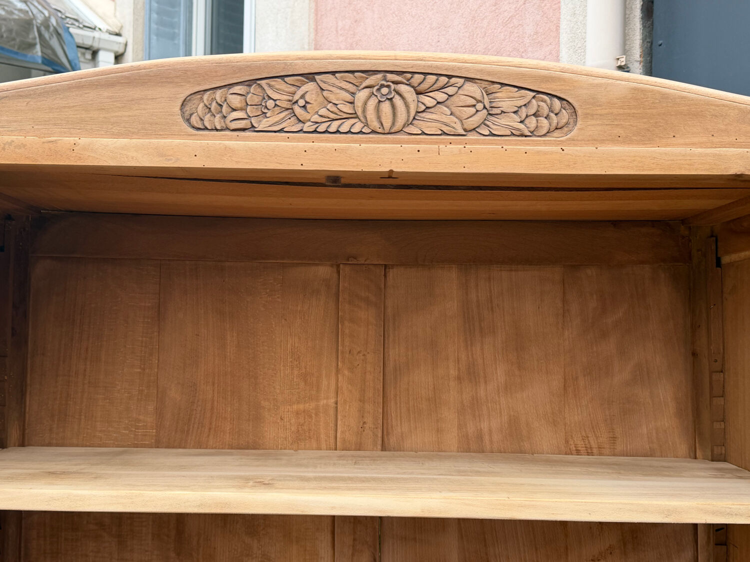 Parisian glass-fronted Art Deco wardrobe in solid raw walnut.