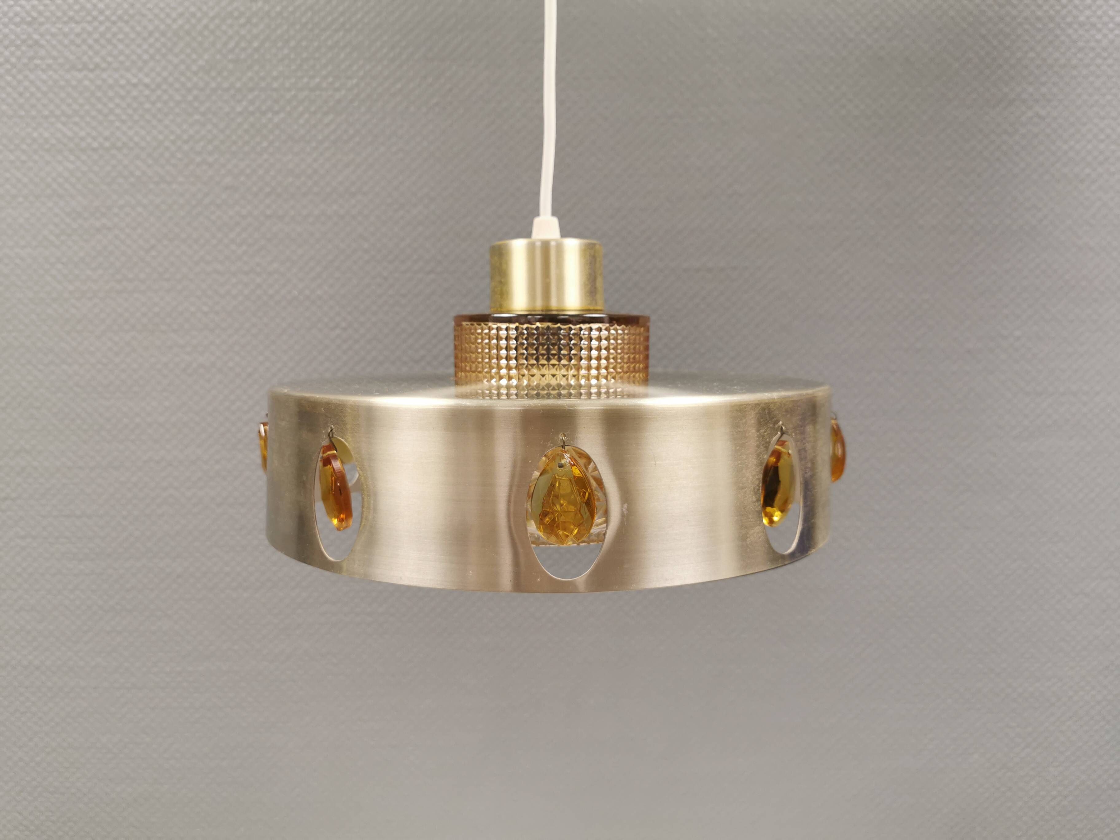 Danish hanging lamp made of glass, metal and with amber colored prisms