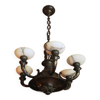 Antique bronze and alabaster figural chandelier, 1890-1910