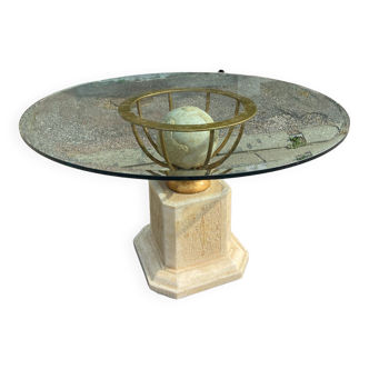 Table à manger design italien en albâtre ,fer doré et verre trempé années 70 vintage