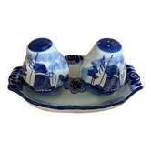 Salt & pepper shaker + delft white ceramic tray with blue vintage decor