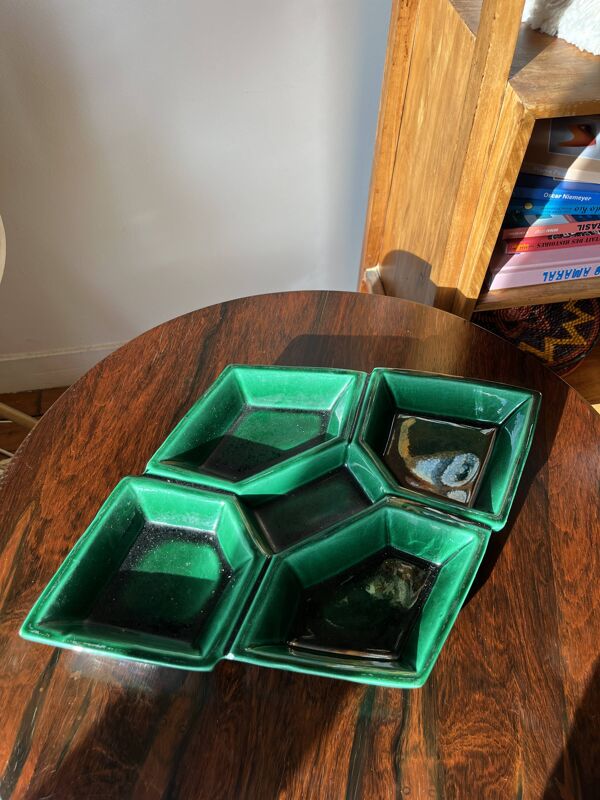 Plat compartimenté VALLAURIS J-M Faux Barbotine losange faïence 60’s