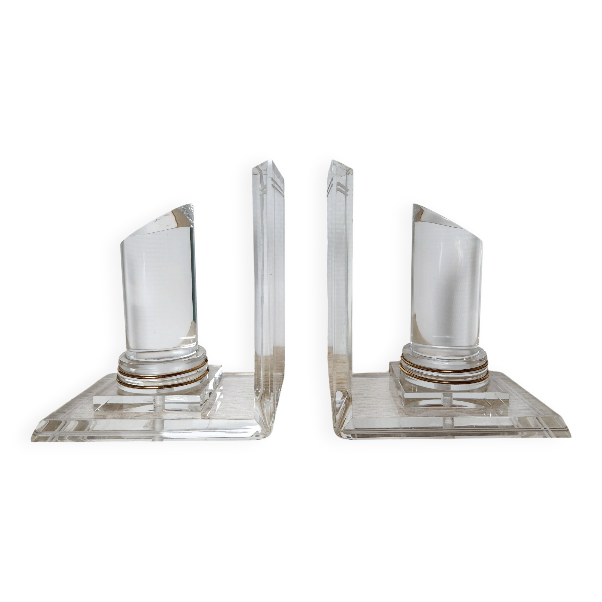 Pair of column bookends in plexiglass and gold metal, 1980s design.
