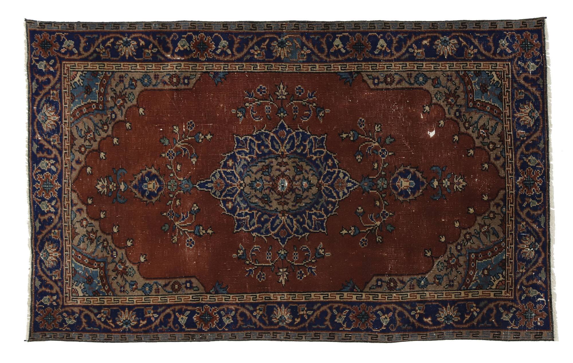 Tapis ancien oriental – rouge brique et bleu 180 cm x 107 cm