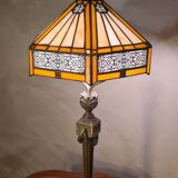 Bronze floor lamp from the 19th century with a handmade stained glass lampshade soldered with lead, measuring 52x26.