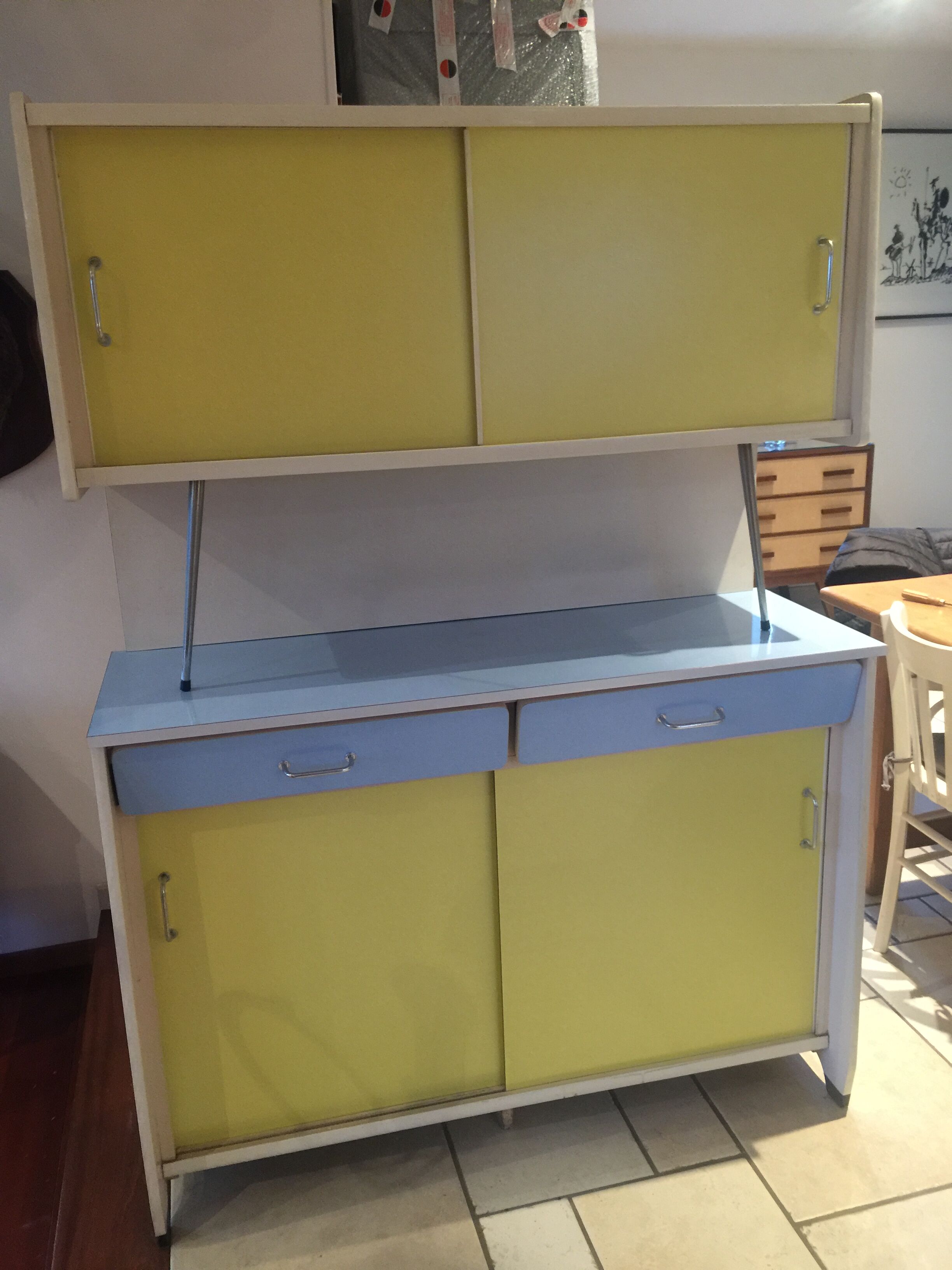 Blue and yellow formica buffet