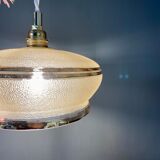 Suspension abat-jour vintage en verre granité jaune et doré