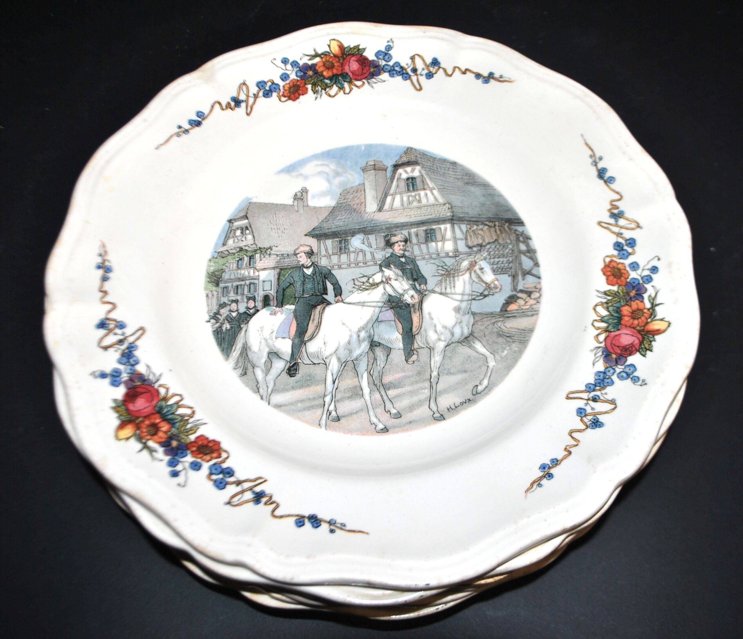 Sarreguemines set of 6 flat plates Obernai village Alsace by Loux