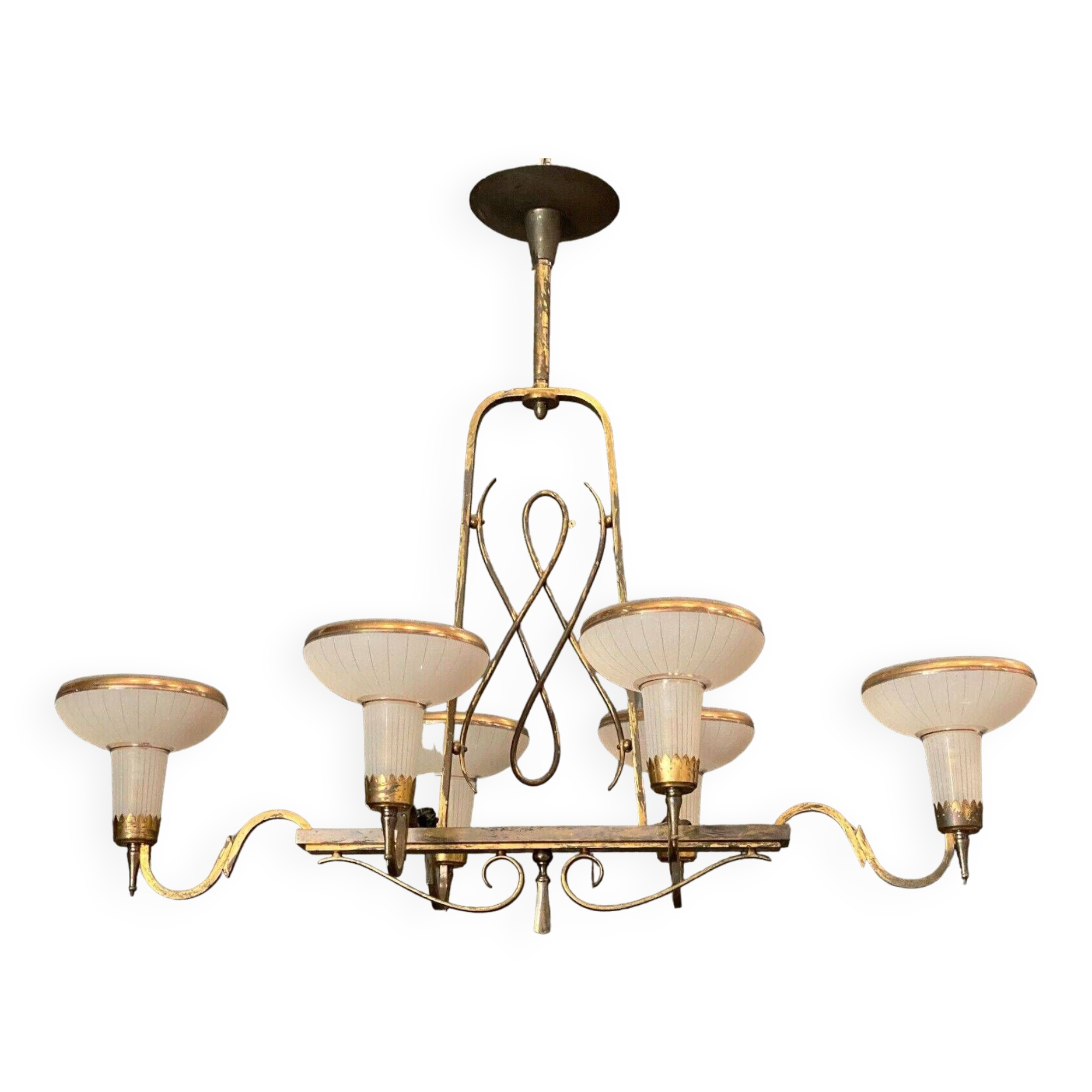 Chandelier in gilded metal 1950 6 lights cut in frosted glass