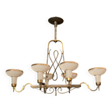 Chandelier in gilded metal 1950 6 lights cut in frosted glass