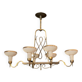 Chandelier in gilded metal 1950 6 lights cut in frosted glass