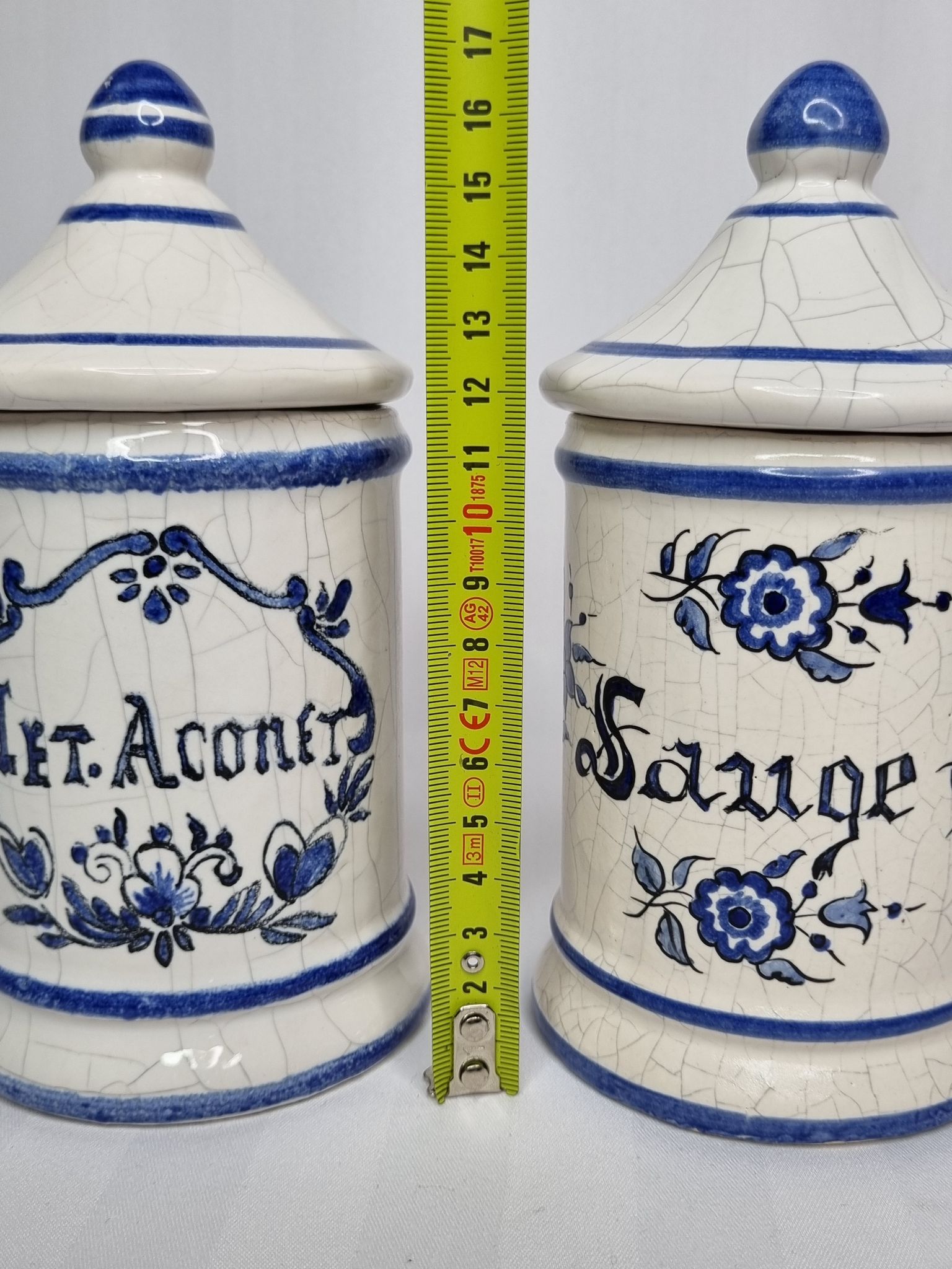 Pair of antique apothecary pots in glazed ceramic, Tuilerie Normande de Bavent