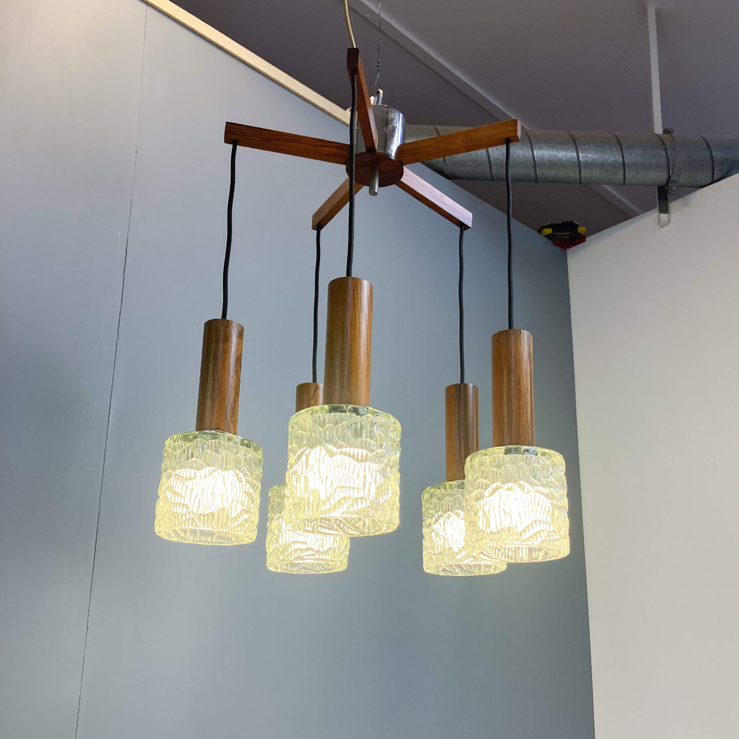 5-bulb cascade lamp, rosewood, chrome and textured glass shades, 1960s