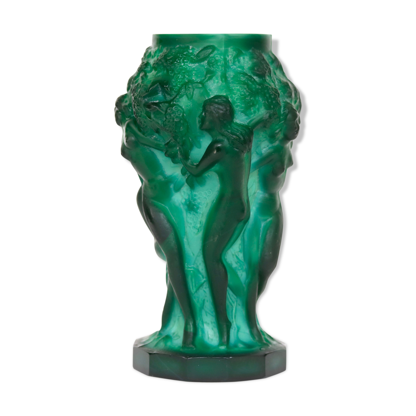 Glass vase decorated with bacchantes. Hoffman to Schlevogt 1930. Malachite green