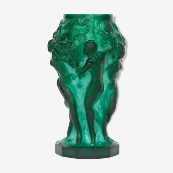 Glass vase decorated with bacchantes. Hoffman to Schlevogt 1930. Malachite green