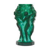 Glass vase decorated with bacchantes. Hoffman to Schlevogt 1930. Malachite green